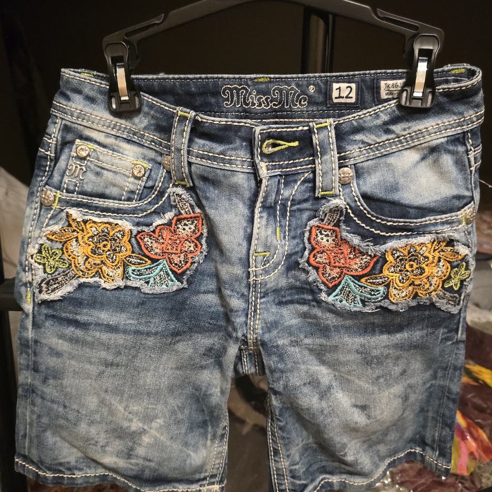 Miss Me Blue Denim Shorts with Floral Embroidery